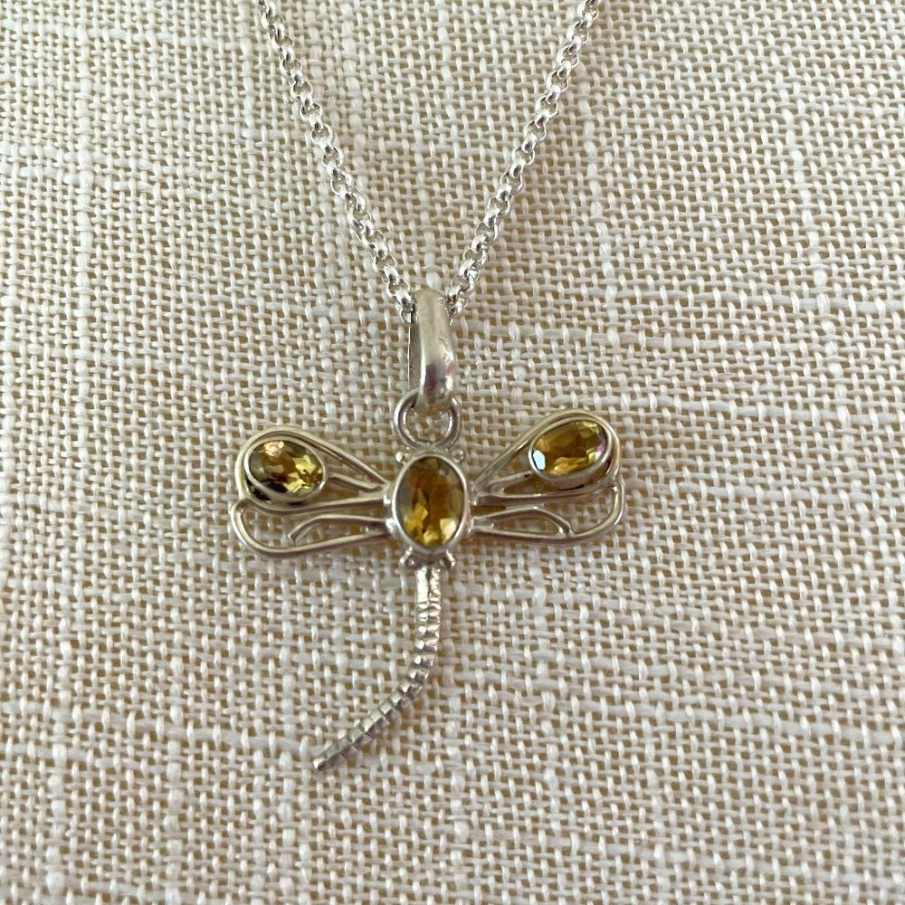 1" Citrine Dragonfly Pendant on 15" .925 Chain